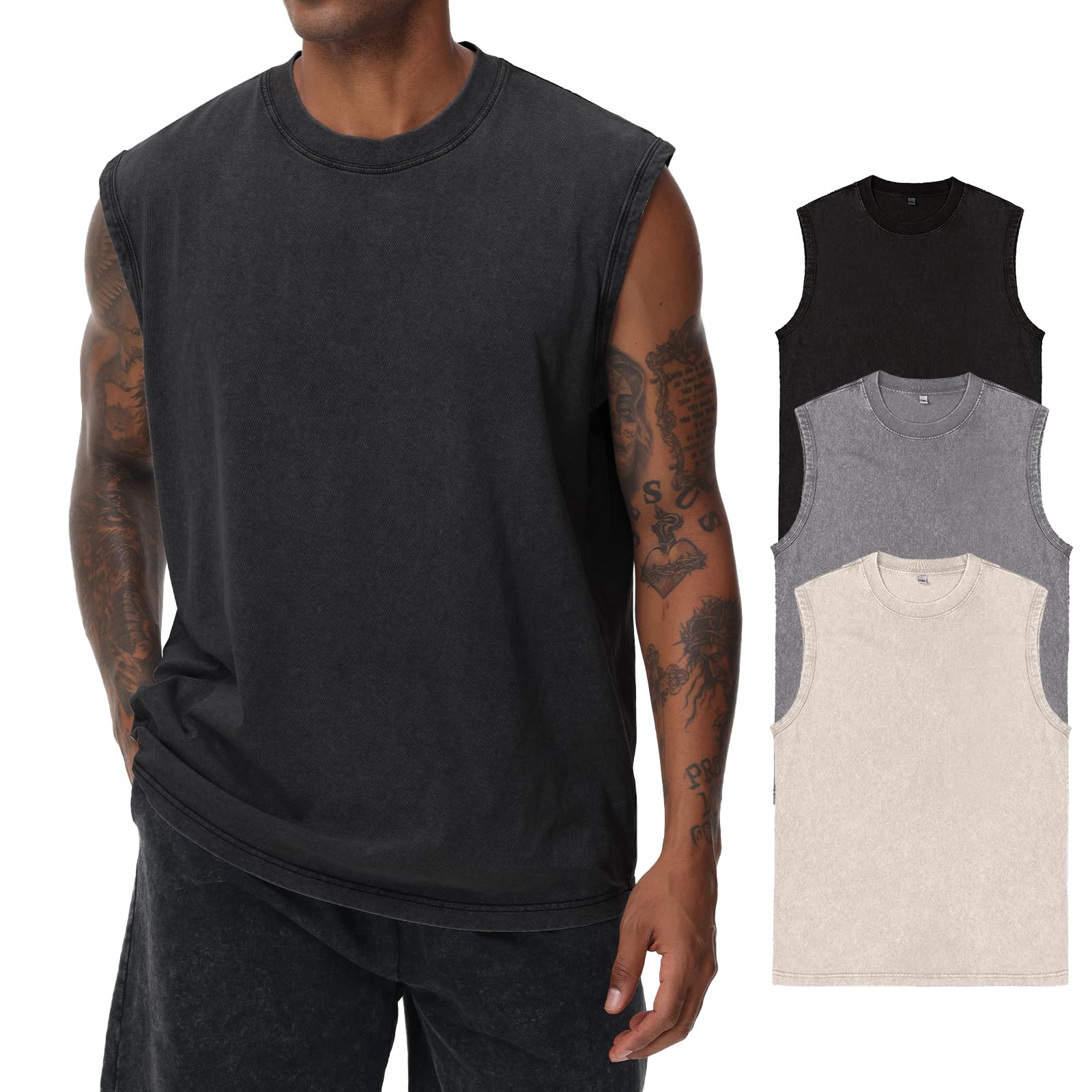 Photo 1 of Mens Cotton Sleeveless Tank Tops Cut Off Muscle Gym T Shirts Running Beach Loose Fit Tees(ACGYBK L)