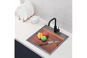 UFaucet Black Drop in Bar Sink, 18x18 Top Mount Small Stainless Steel Wet Prep Kitchen RV Bar Outdoor Sink, Topmount Single Bowl Workstation with Cutting Board&Stainless Steel Grid&Strainer