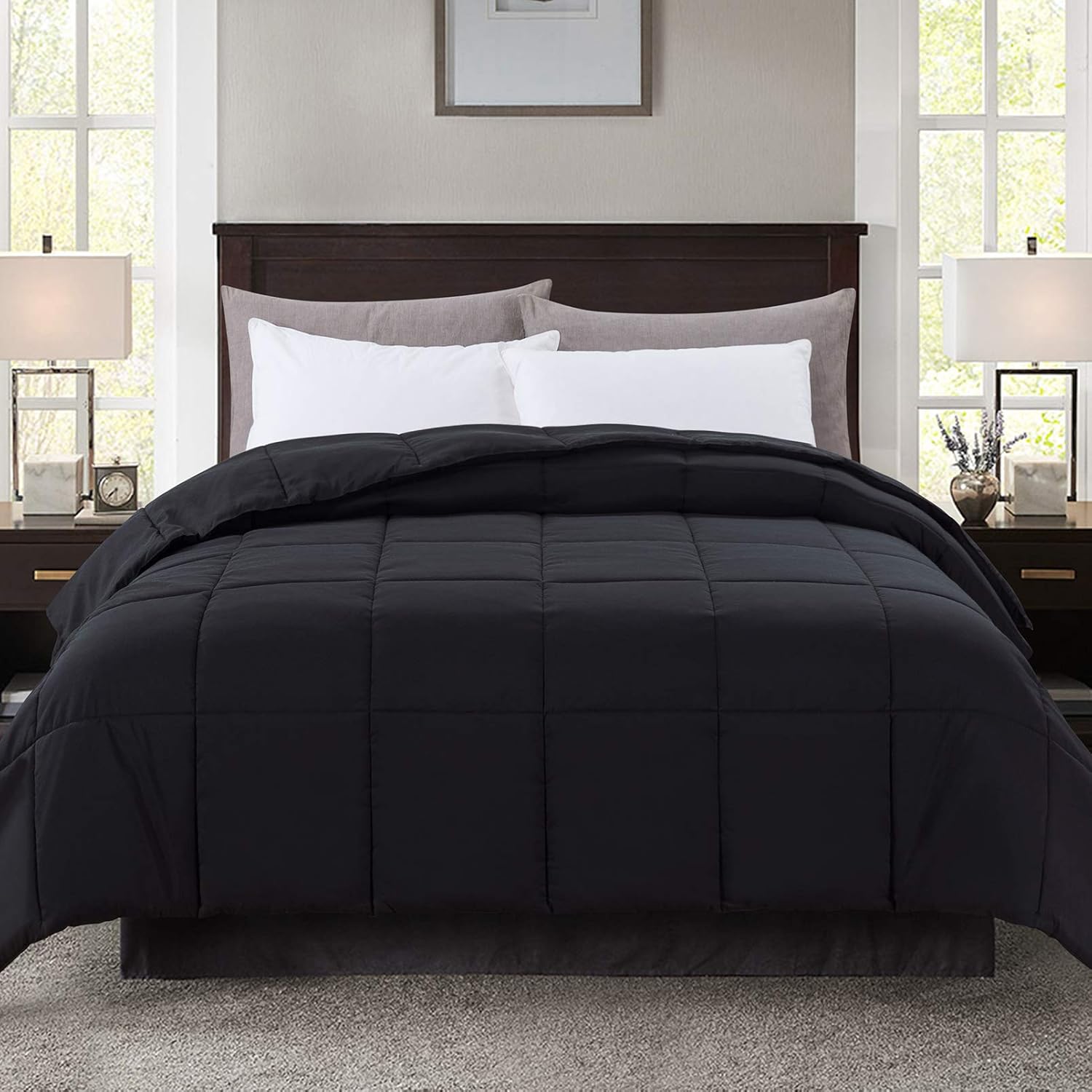 WhatsBedding Down Alternative Quilted Comforter - All Season Black Lightweight Duvet Insert or Stand-Alone Comforter with Corner Tabs - Queen Size（88×92 Inch）