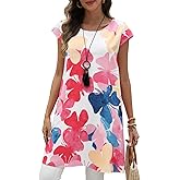 Chicyoo Womens Long Tunic Top Floral Printed Cap Sleeve Round Neck Loose Fit Pullover for Summer Casual Outfits