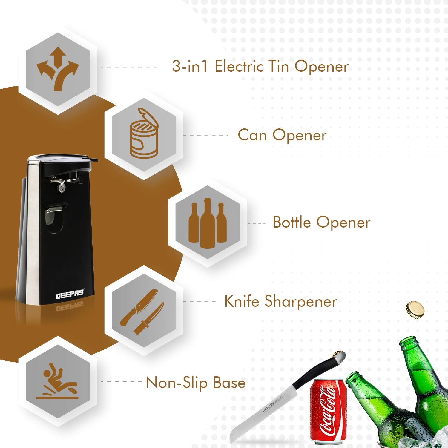 Geepas 3in1 Can Opener, Bottle Opener and Knife Sharpener 3