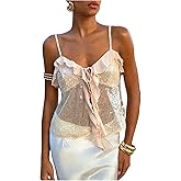 MakeMeChic Women's Sequin Crop Tops Sparkly Tie Front Ruffle Party Night Out Cami Top