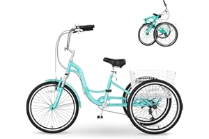 MOPHOTO Adult Folding Tricycle 7 Speed 20/24/26 Inch Adult Tricycles Three Wheel Bike Cruiser Trike with Low-Step Through Frame/Large Basket/Adjustable Seat