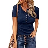BTFBM Womens Tops 2026 Spring Summer Top Henley V Neck Short Sleeve Button Slim Fit Casual Ribbed Shirts Blouses Outfits