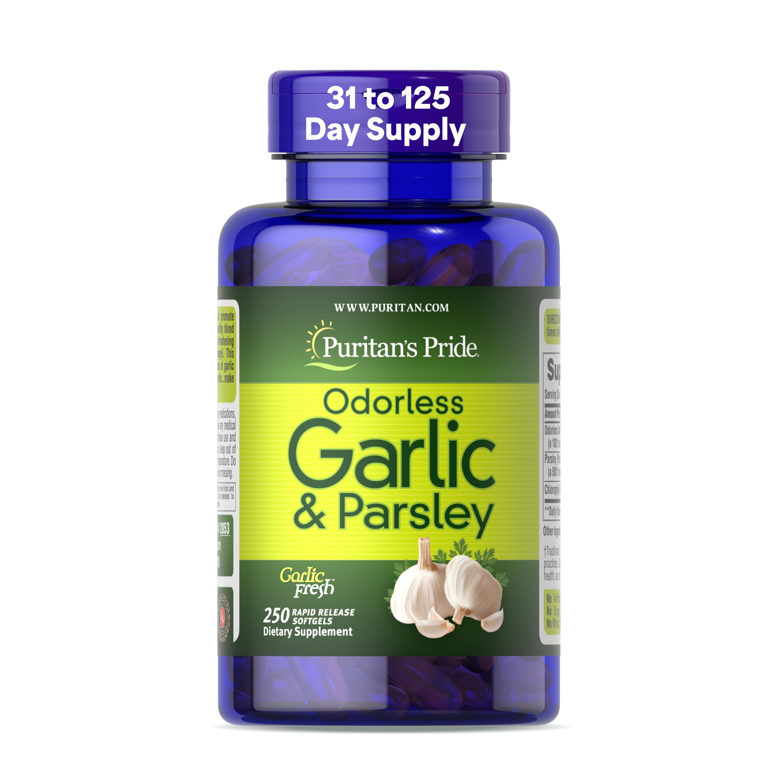 Puritan’s Pride Preimum Odorless Garlic 5 mg (500 mg equivalent) & Parsley, Traditional Dietary Supplement for Heart Health, Circulation, and Blood Flow Support, 250 Rapid Release Softgels