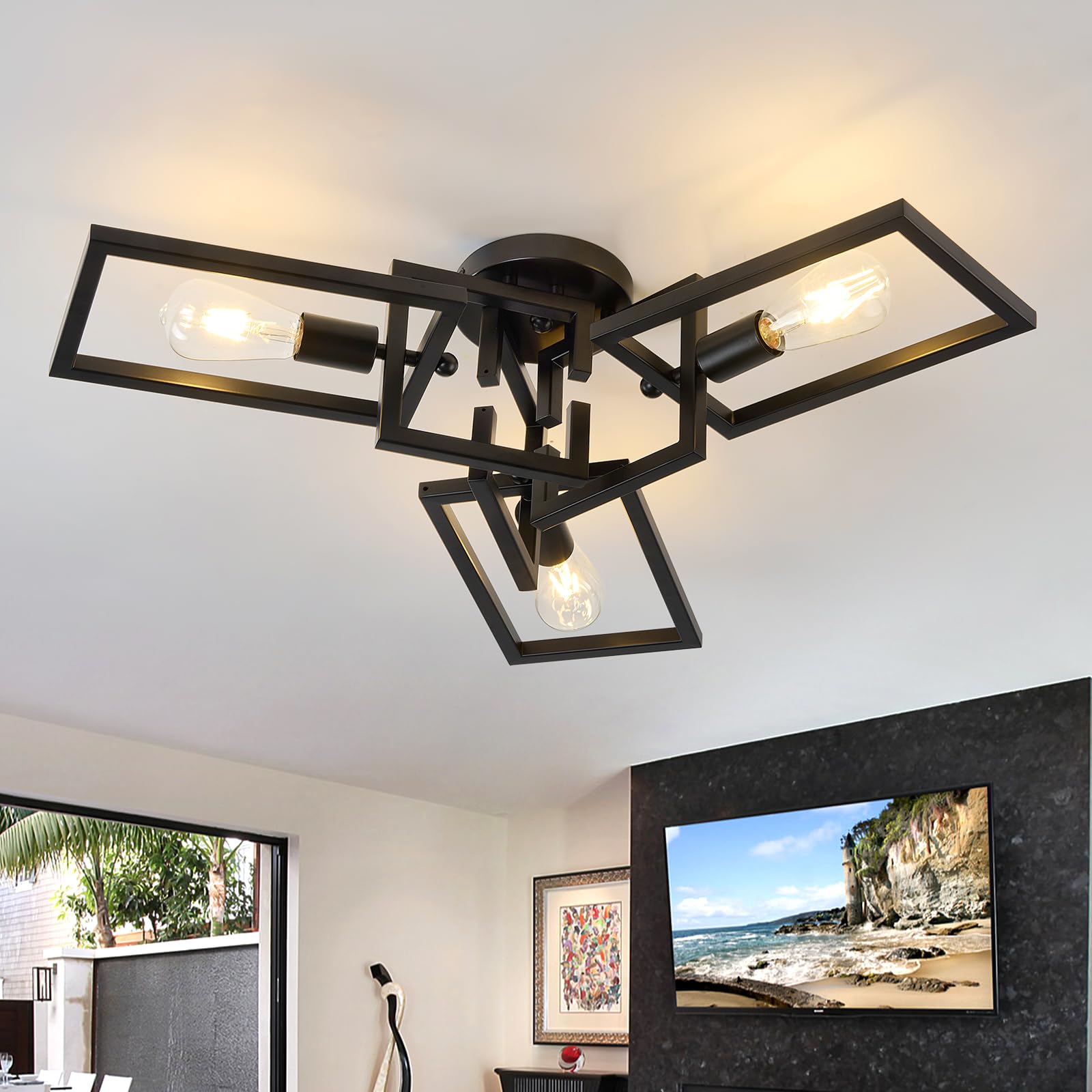 ZGLAOJT Black Industrial Flush Mount Ceiling Light 3-Light Kitchen Light Fixtures Modern Matte Sputnik Chandelier for Dining Room Bedroom Farmhouse Living Room Image