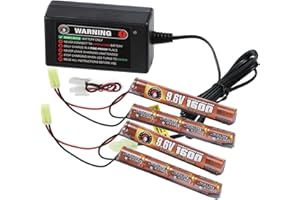 Lancer Tactical Nimh Battery Pack with Smart Charger, Two Pack of Nunchuck 9.6v 1600 mAh Tamiya Connector with Compact Smart Charger for 8.4v - 9.6v NiMh Airsoft AEG Batteries