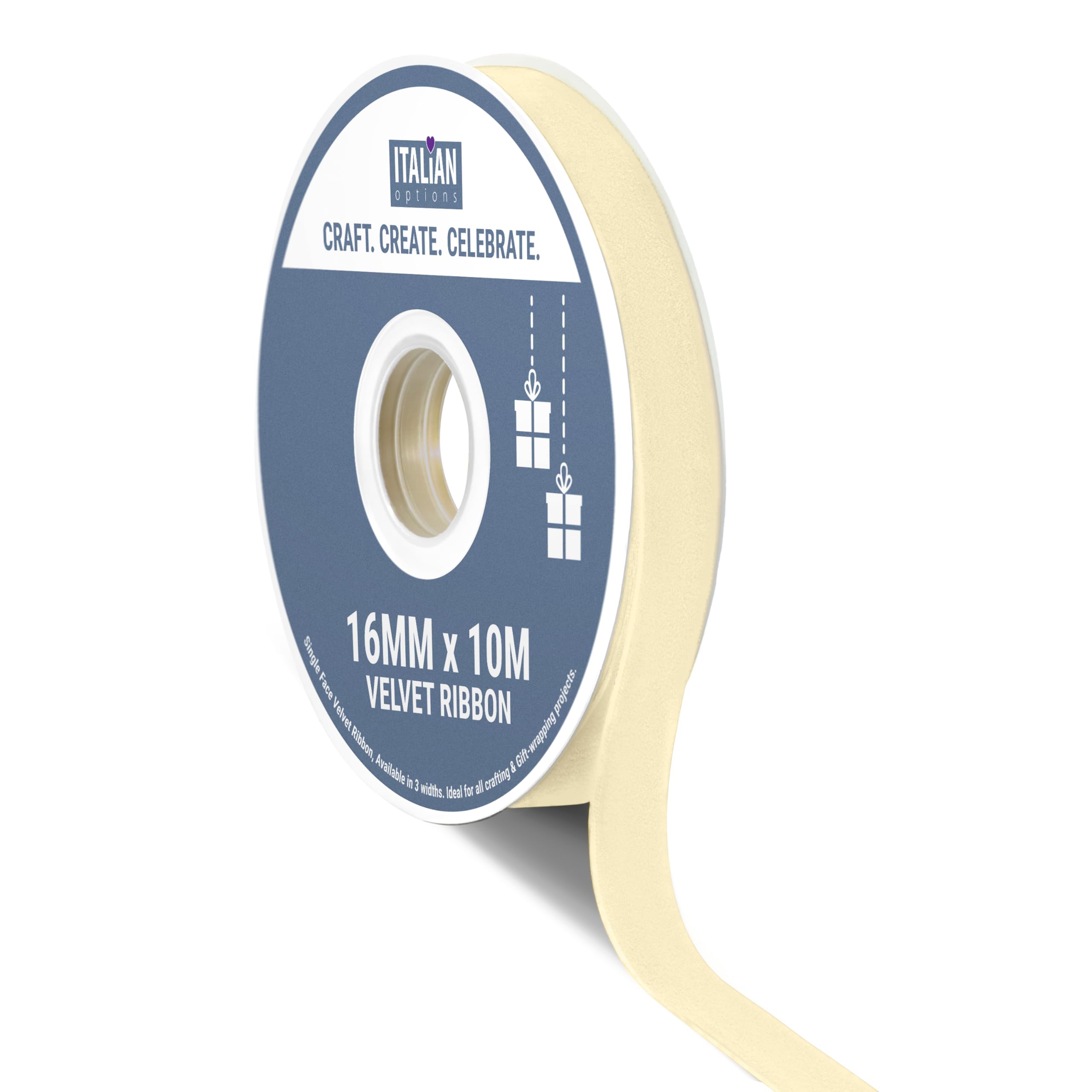 Italian Options Velvet Ribbon, Luxury, Single-Face Velvet Ribbon for Crafting, Christmas, Bows, Hair, Cakes, Weddings, Ornaments, Gift Wrapping, Flowers, 16mm x 10 Metre Roll, Antique Ivory