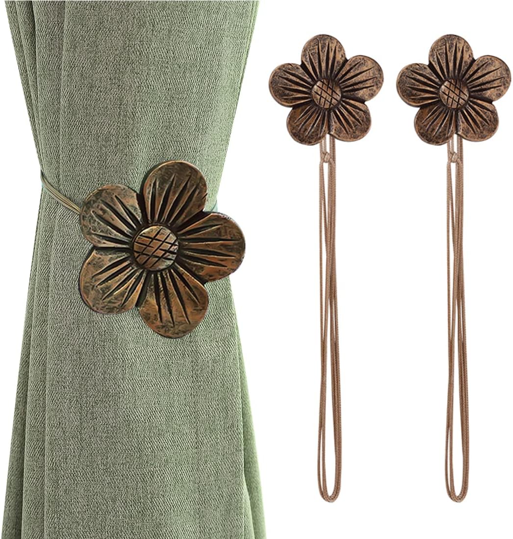 Window Treatment Hardware - Lewondr Magnetic Curtain Tie, 1 Pair Vintage Resin Flower Curtain Drapery Holdback Window Curtain Decorative Buckle Holder for Home Cafe Balcony - Coffee