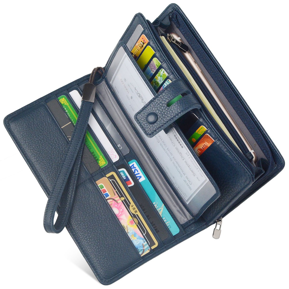 Women's Big Fat RFID Blocking Leather Clutch Wallet Organizer Checkbook Holder (Navy Blue)