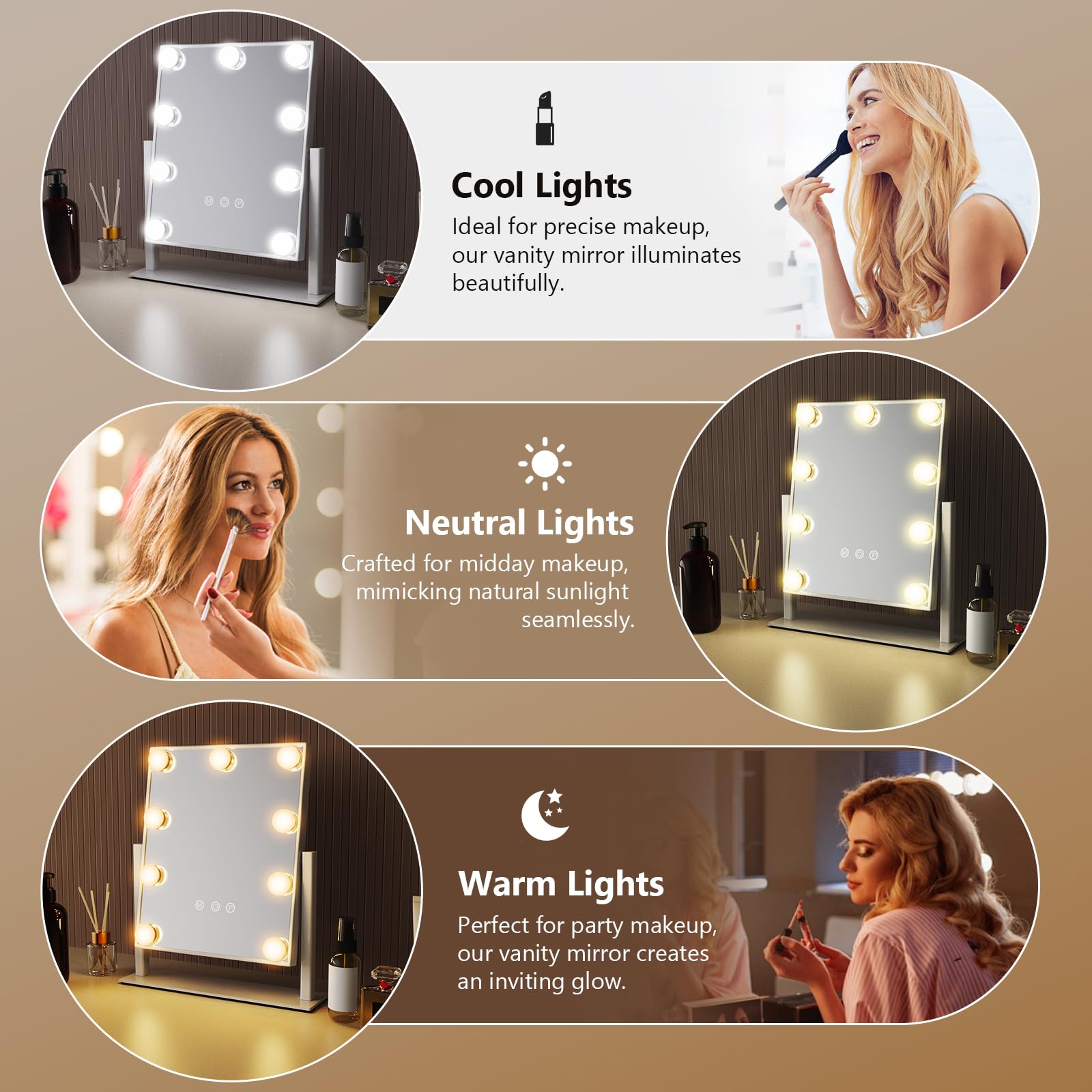VoxZypher Hollywood Vanity Makeup Mirror with Lights - 9 LED Bulbs, Touch Control, 3 Colors Light, 360° Rotation, Light Up Vanity Mirror for Dressing Room & Bedroom