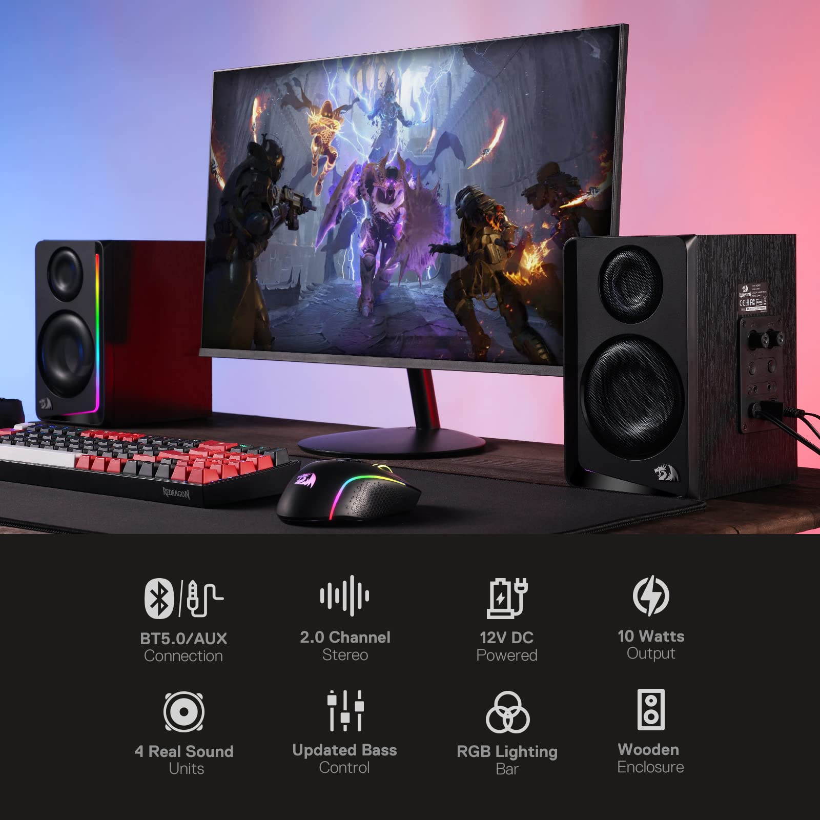 Redragon GS812 Wireless RGB Wooden Desktop Speakers, 2.0 Bookshelf Speaker w/BT 5.0/3.5mm AUX, Enhanced Bass/Volume Knob Control, Mic/Audio Jacks & Dynamic RGB Lighting