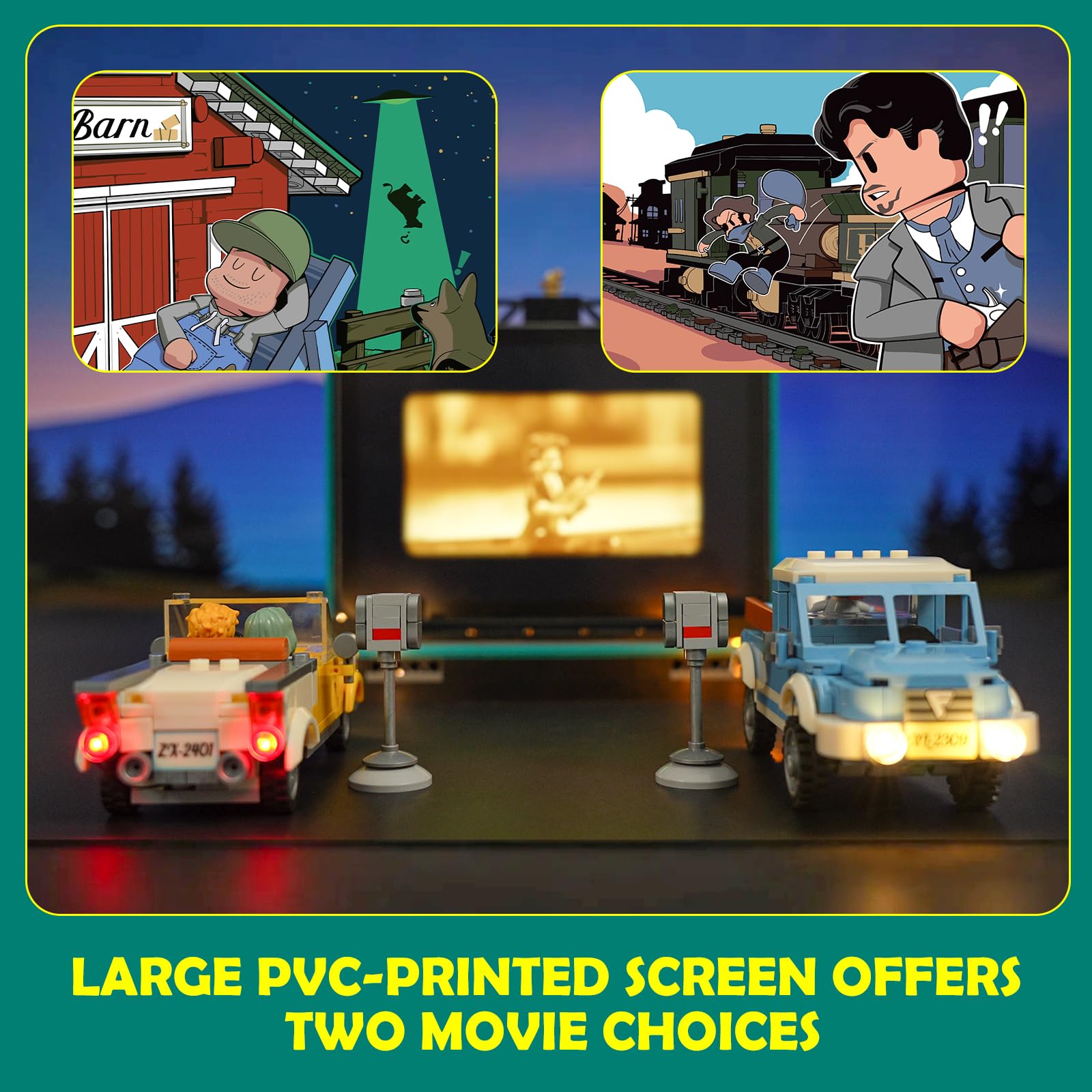 Lumibricks City Drive-in Theater Baustein-Set mit LED-Beleuchtung – 1760 Teile Retro-Auto-Kino-Modell mit Leinwand, Werbetafel & 2 Vintage-Fahrzeugen, Geschenk für Erwachsene, Jugendliche & Sammler 5
