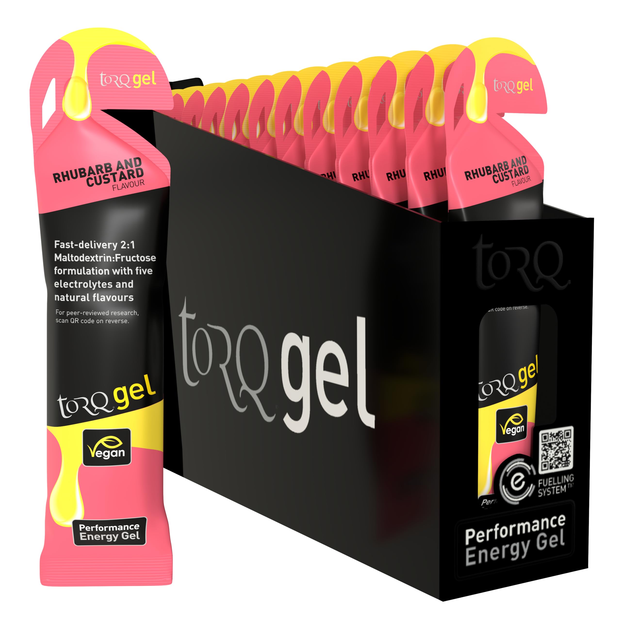 TORQ Running Gels with Electrolytes - 2:1 Maltodextrin: Fructose for Endurance Sports & Optimal Performance | Energy Gels for Running, Cycling & Marathons - 30g Carbs Per Gel | Rhubarb & Custard 15