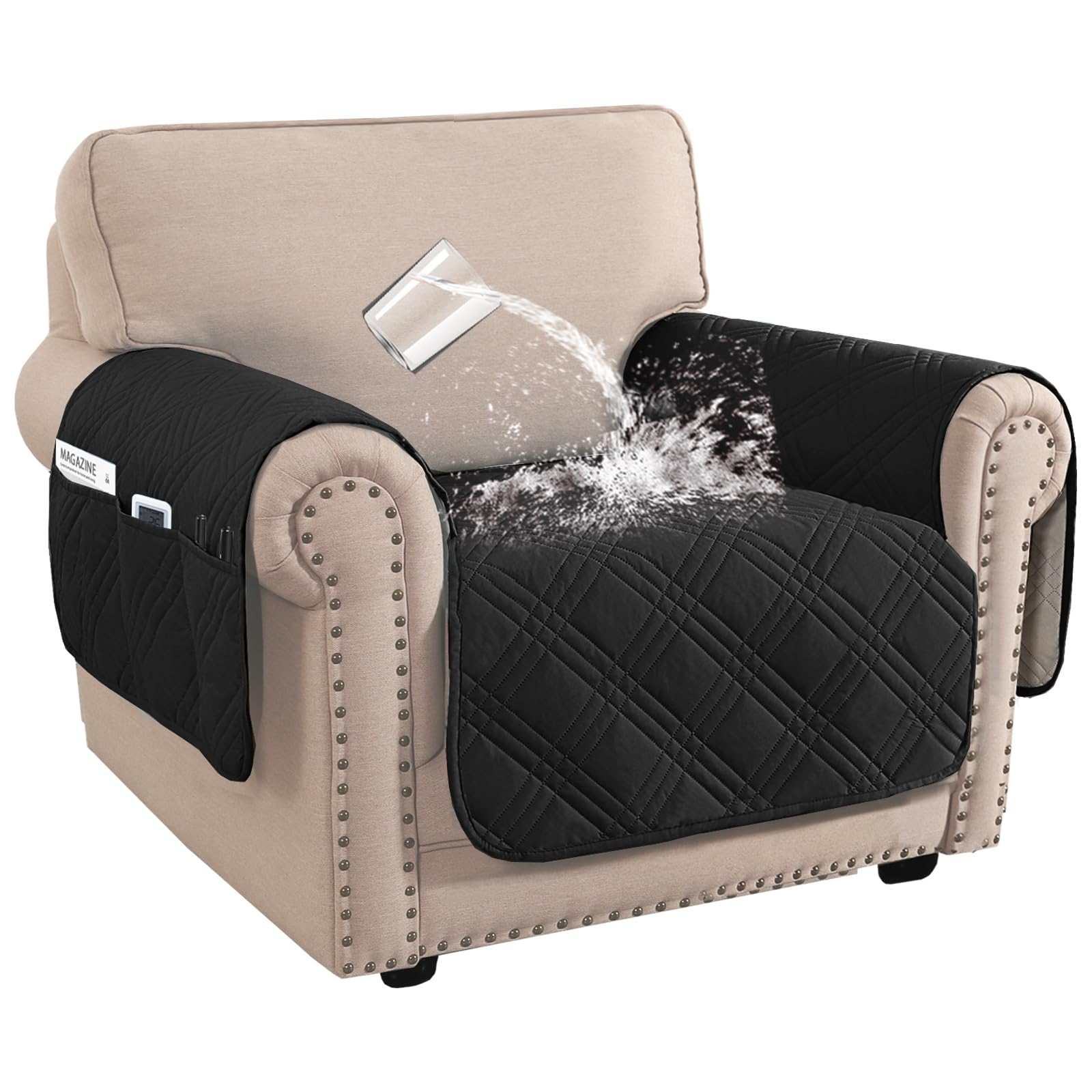 BellaHills Waterproof Sofa Cover 1 Seater Living Room Armchair Covers Sofa Slipcovers Chair Seat Covers with Side Pocket for 1 Seater Sofa Washable Couch Cover for Dogs (1 Seater, Black)