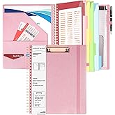 HAUTOCO Spiral Leather Clipboard Folio with Notepad (8.5 x 11''), 5 Folders with 10 Pockets, Storage Zipper Pouch, Pen Loop, 39 Stickers, Padfolio Organizer for Work School, Pink