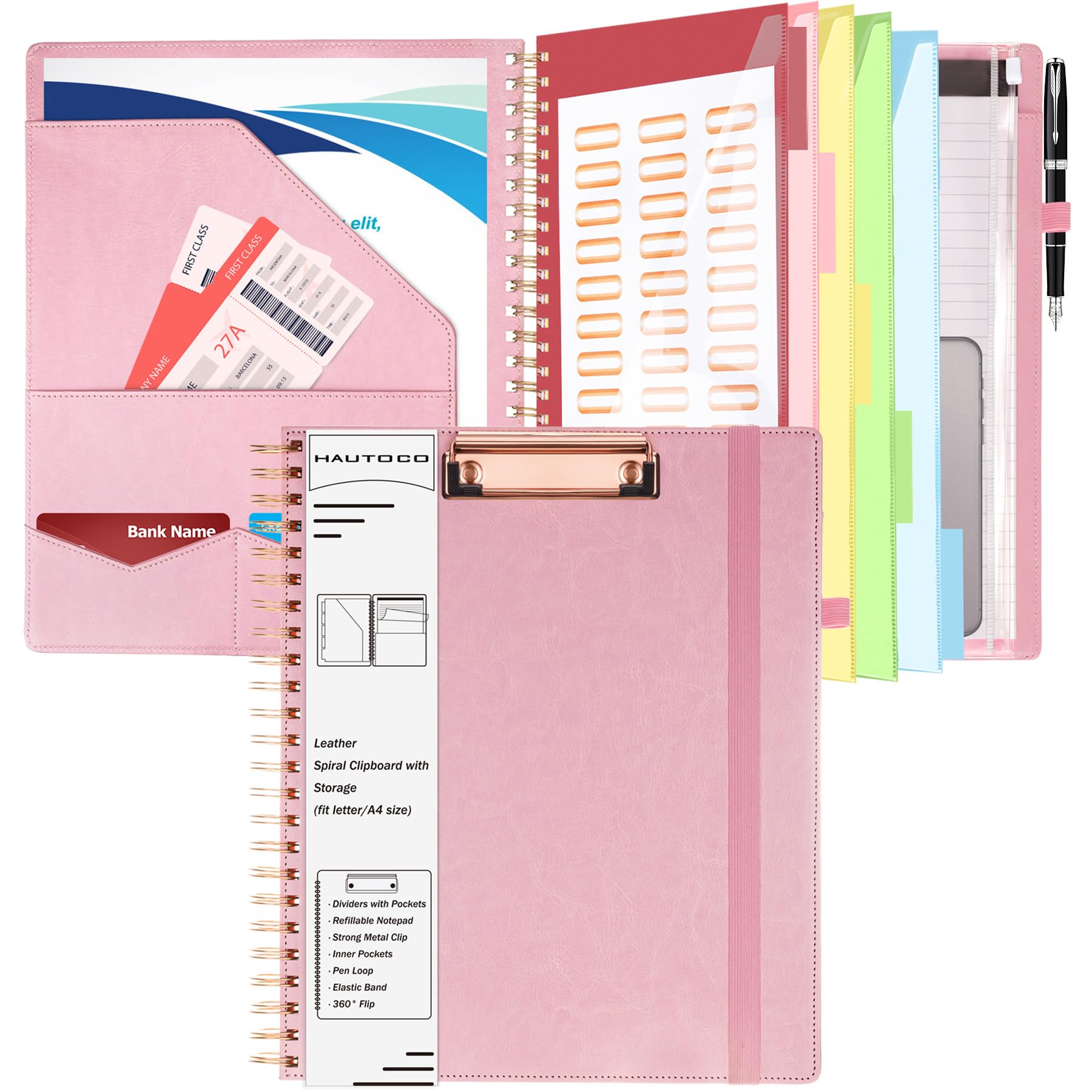 HAUTOCO Clipboard Folder with Storage Zip Bag, Spiral Clipboard Folio with Refillable Lined Notepad, 5 Folders Dividers with 10 Pockets, Leather Clip Board Portfolio Folder for Office School, Pink — image 1