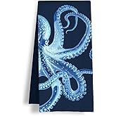 HSIASHENG Coastal Beach Octopus Kitchen Towels, Gifts for Beach Lover Dish Tea Towels, Ocean Nautical Hand Towel for Bathroom Kitchen, Octopus Bathroom Decor, 16x24 Inch
