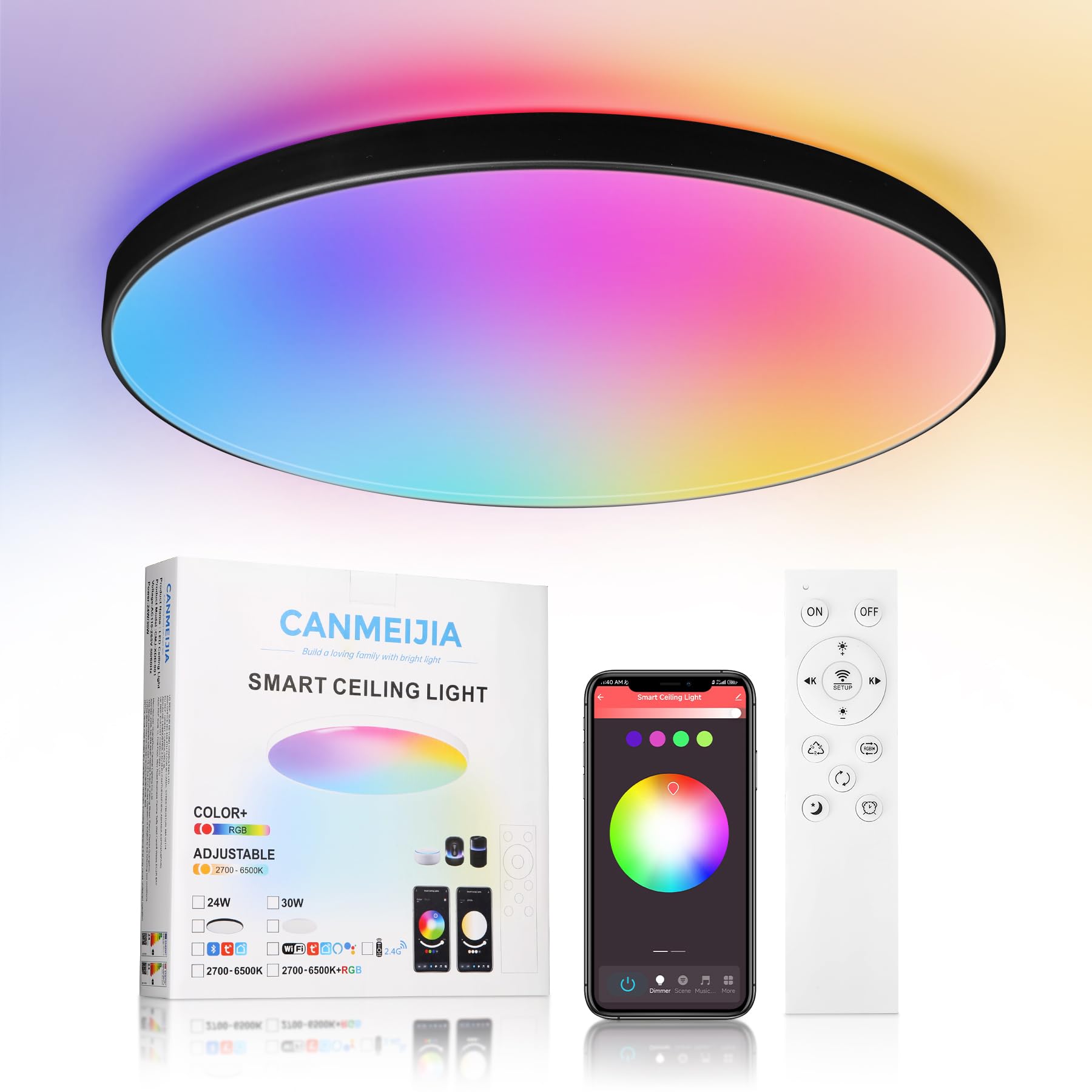 CHENBEN RGB LED Ceiling Light,24W 12-inch Round Bedroom Bedroom Ceiling Light with Remote Control,IP44 Waterproof Bathroom Lights Dimmable 3000-6500K Colour Changing LED Lights(Bluetooth Connection)
