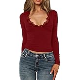 Womens Lace V-Neck Long Sleeve Burgundy Shirt 2025 Fall Fitted Sexy Crop Top Going Out Cute Basic Tee Fashion Clothing (US, Alpha, Small, Regular, Regular, Burgundy)