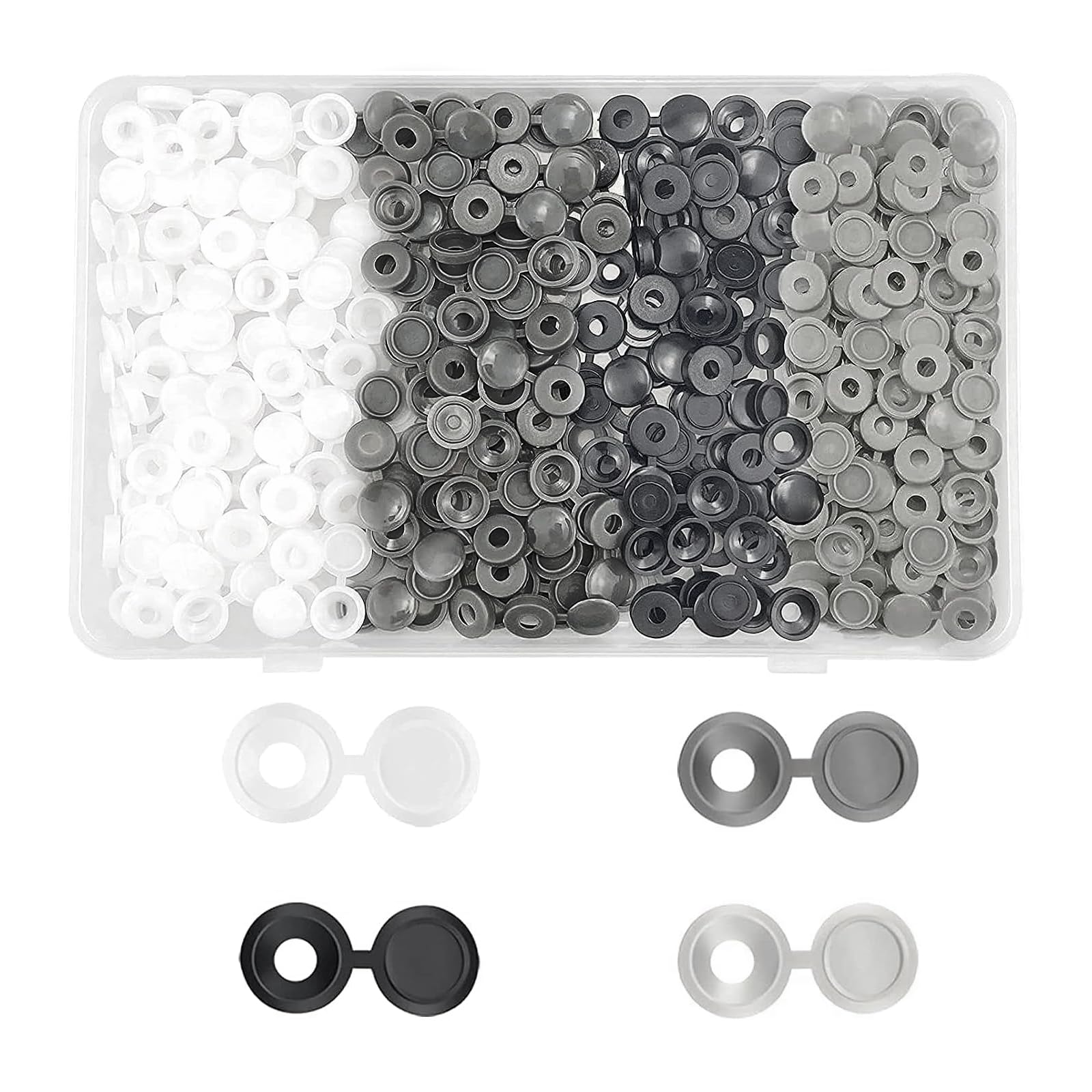 360pcs Plastic Hinged Screw Cover Caps, M5 Screw Snap Covers Washer Flip, Snap Washer Covers Flip Tops, Snap Washer Covers Flip Tops for Furniture, Screw Protection (Black,White,Gray,Light Gray)