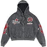 Verdusa Men's Washed Graphic Hoodies Grunge Vintage Lightweight Hip Hop Zip Up Sweatshirt