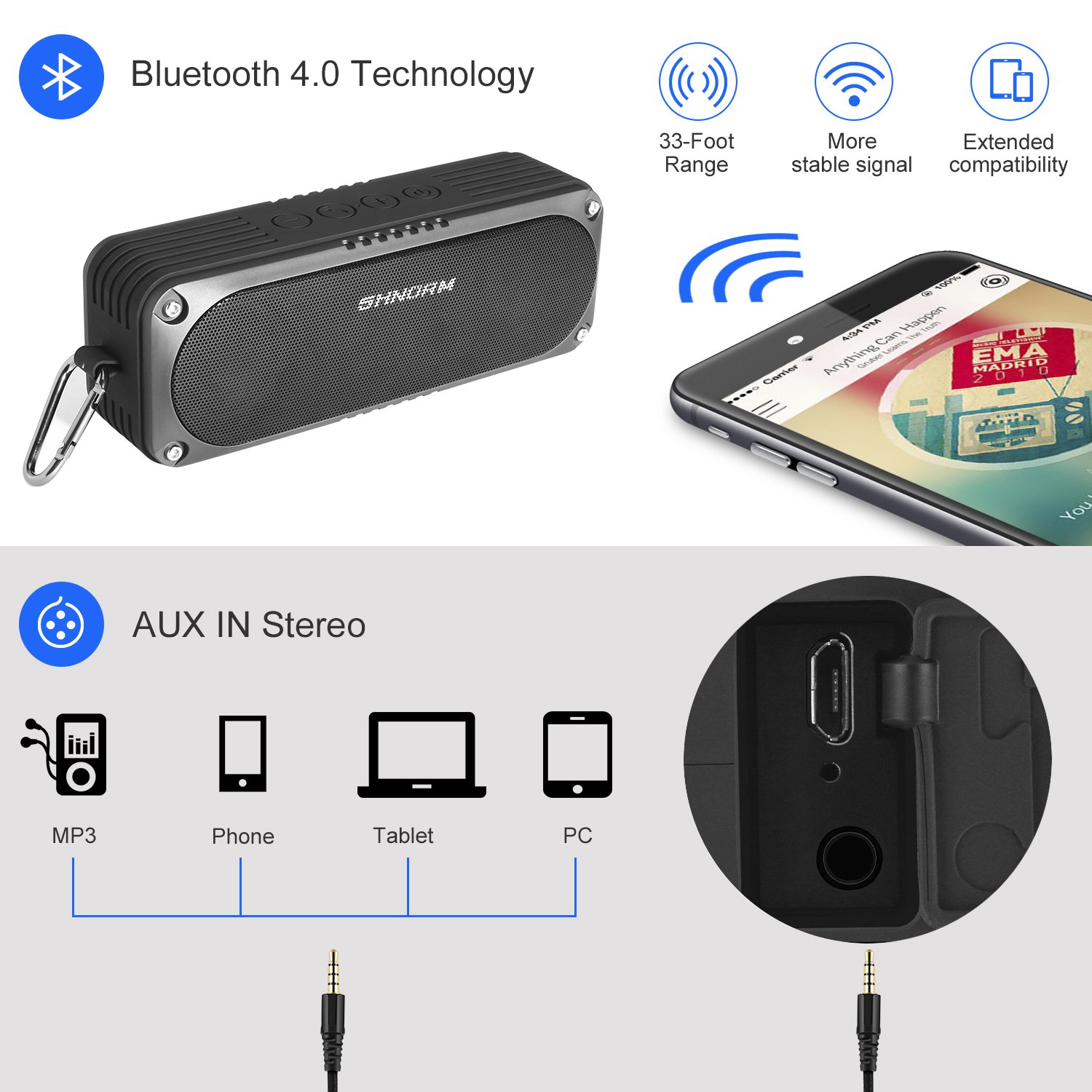 Waterproof 20W Loud Bluetooth Speaker, Dual Bass Stereo Sound Driver Speakers, 4400mah USB Rechargeable Battery, Built-in Microphone for Handsfree Calling, 3.5mm AUX Input Port Supported