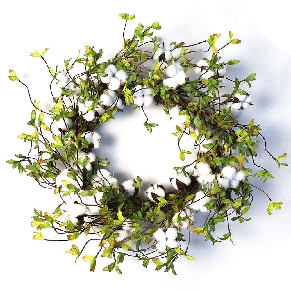 22" Cotton Wreath Farmhouse Natural Cotton Boll Rustic Floral Round Wreath with Artificial Green Leaves for Outdoor Indoor Wedding Centerpiece Welcome Decor