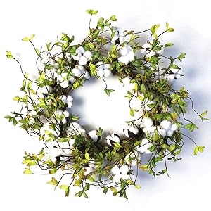 22" Cotton Wreath Farmhouse Natural Cotton Boll Rustic Floral Round Wreath with Artificial Green Leaves for Outdoor Indoor Wedding Centerpiece Welcome Decor