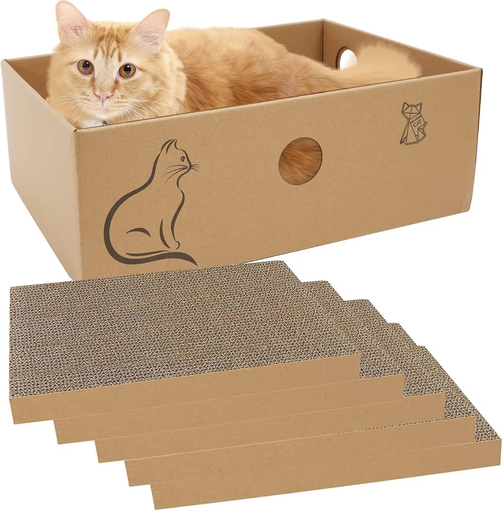 MUAEEOK Cat Scratching Board with Box 5 Pcs Reversible Corrugated Cardboard