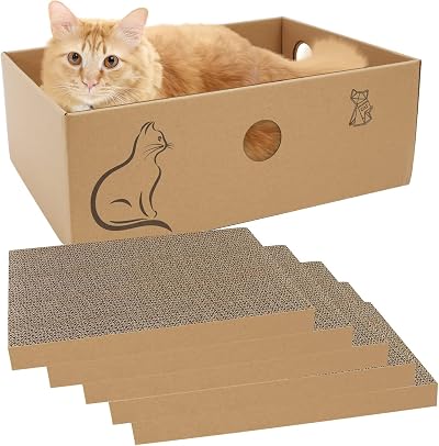 MUAEEOK Cardboard Cat Scratcher with Box 5 Reversible Pads 42x30x14.5 cm