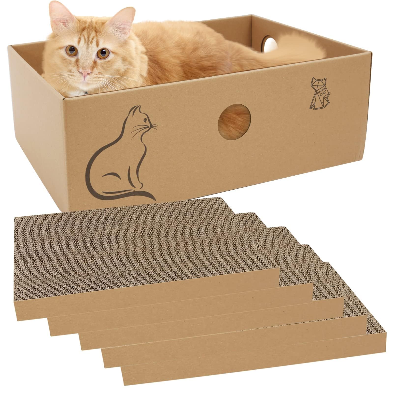 MUAEEOK Cat Scratching Board with Box, 5 PCS Reversible Cat Scratch Pad Replace for Cat Scratcher, Corrugated Scratching Lounge for Indoor Kitty Suitable for Up To 5kg (33 * 24 * 11 CM)
