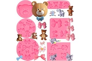 Teddy Bear Molds, 6 Pieces Silicone Fondant Mold with Bow Elephant Mold for Baby Cake Decoration Cupcake Toppers Clay Gum Pas