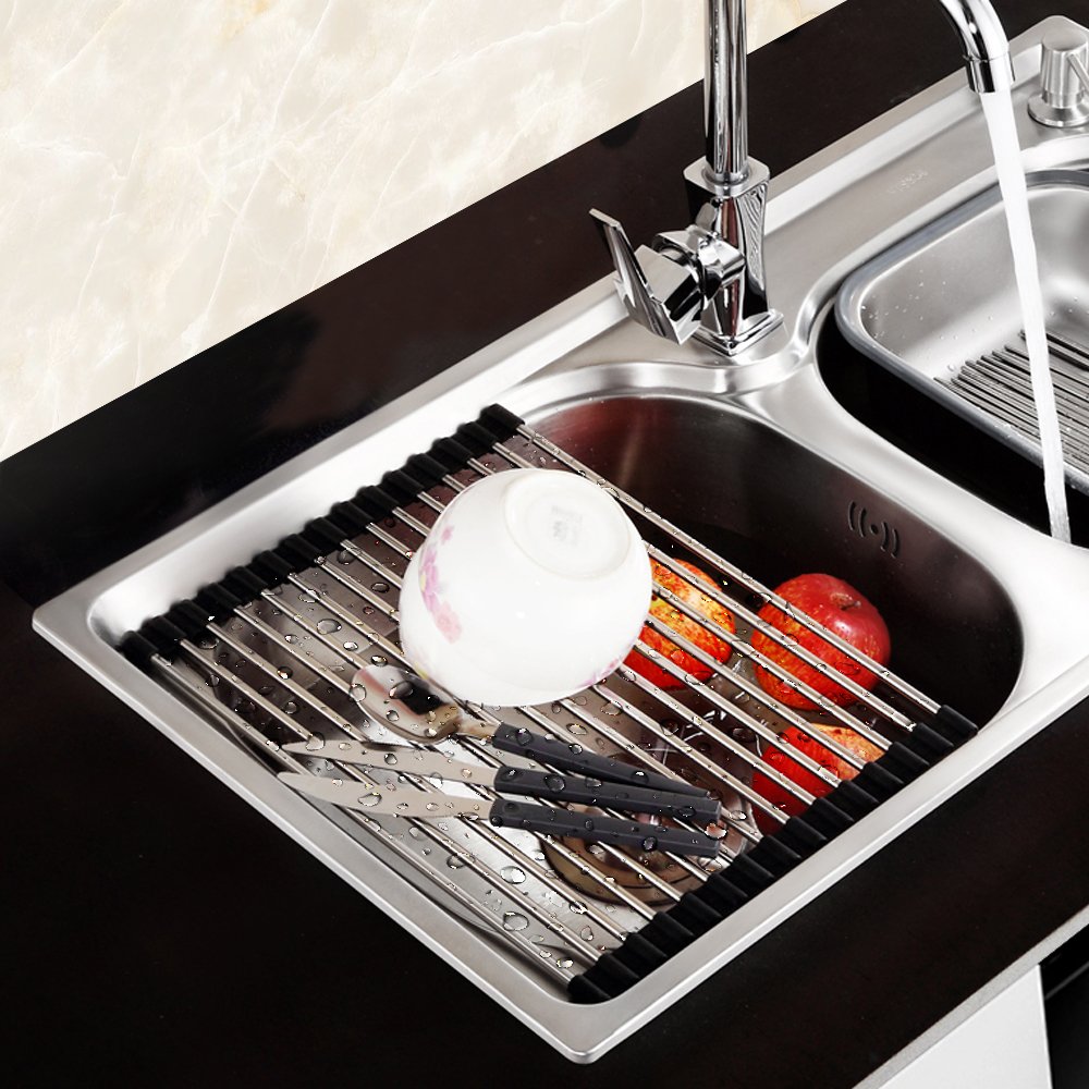 GoZheec Abtropfgestell Abtropfablage Abtropfgitter Trocknung Abtropfgestell 50 cm x 33 cm Spülbeckeneinlage Abtropfbrett faltbarer Edelstahl Abtropfgitter Abtropfständer Geschirr Abtropfkorb Colander für Spüle oder Arbeitsfläche in Ihrer Kü