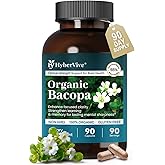 HyberVive Bacopa Monnieri Supplement 300MG, Organic Nootropic Bacopa Extract, ≥ 55% High Potency Bacosides, Brain & Memory Supplement for Focus and Cognitive Support, Made in USA, 90 Capsules