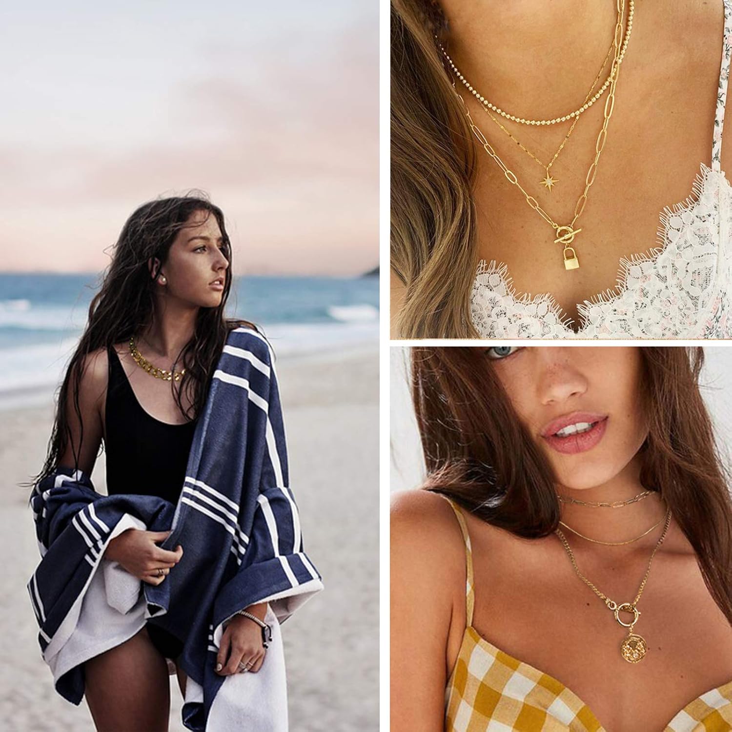 4PCS Gold Layered Chain Necklace set for Women Girls Boho Choker with Lock Coin Pendant Dainty Initial Necklaces Chunky Curb Link Paperclip Jewelry for Gift: Clothing