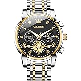 OLEVS Men Watches Stainless Steel Chronograph Watch, Large Wrist Analog Quartz Watch, Fashion Waterproof Diamond Roman Numerals Dress Watches for Men, Gold/Black/White/Blue/Grey Dial