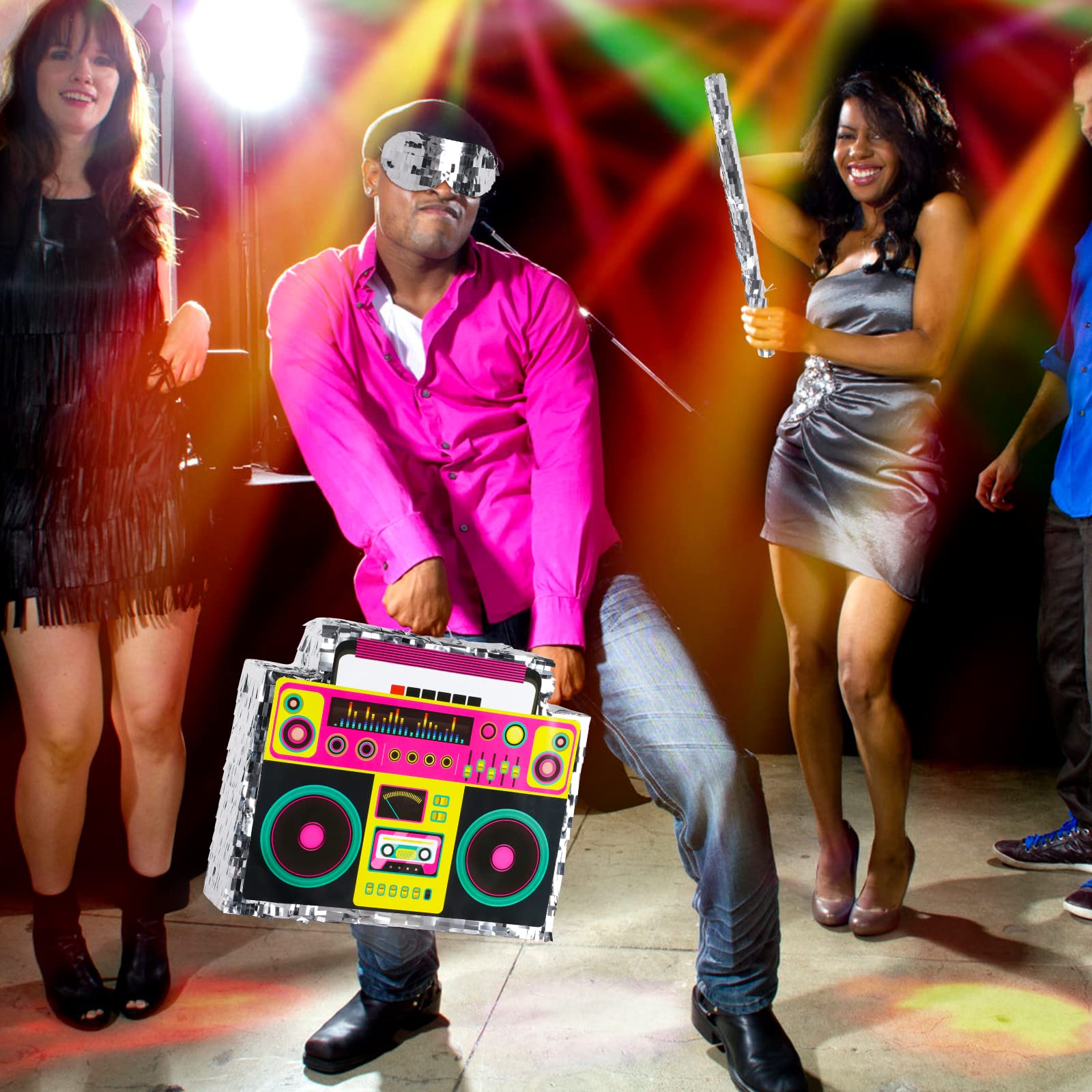 Boombox Pinata with Stick & Hanging Loop Retro 90s Hip Hop Mexican Pinata Game for Back to the 80s Party Nostalgia Large Radio Gifts 70' Theme Birthday Party Decorations Supplies