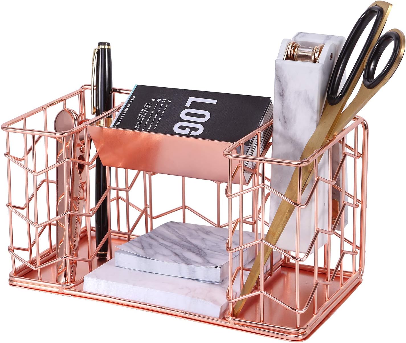 Nugorise Rose Gold Business Card Plus Pen Holder Organizer, 4 Compartments - 2 Pen Holders, Business Card Holder and Memo Holder, Multi-functional Wire Stationery Storage Caddy