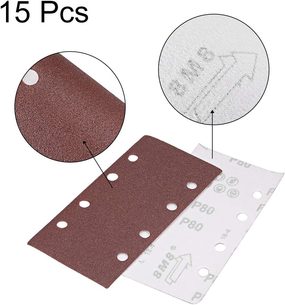 sourcing map 80 Grit 1/3 Sanding Sheet Sander Sandpaper Hook and Loop Pads 8 Hole 15pcs, Brown - Image 4