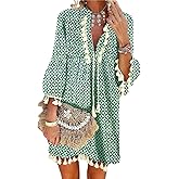 yoeasy Women Print V Neck Tassel 3/4 Sleeve Knit Shift Dress Bohemian Casual Knee Length Dress
