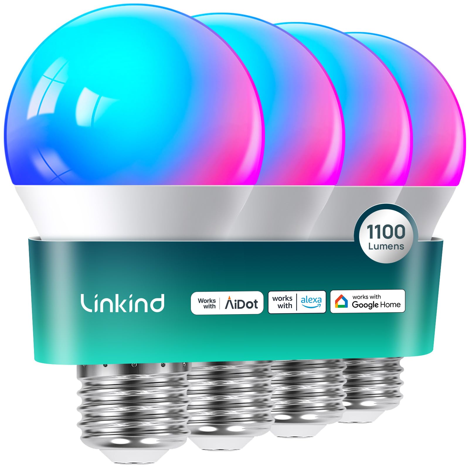 Photo 1 of Linkind Smart Light Bulbs, 1100LM (75W Equivalent) Smart Bulb, Work with Alexa & Google Home, RGBTW Color Changing Bulbs Music Sync, 2.4GHz Wi-Fi & Bluetooth, LED Alexa Light Bulbs 11W, A19 E26, 4Pack