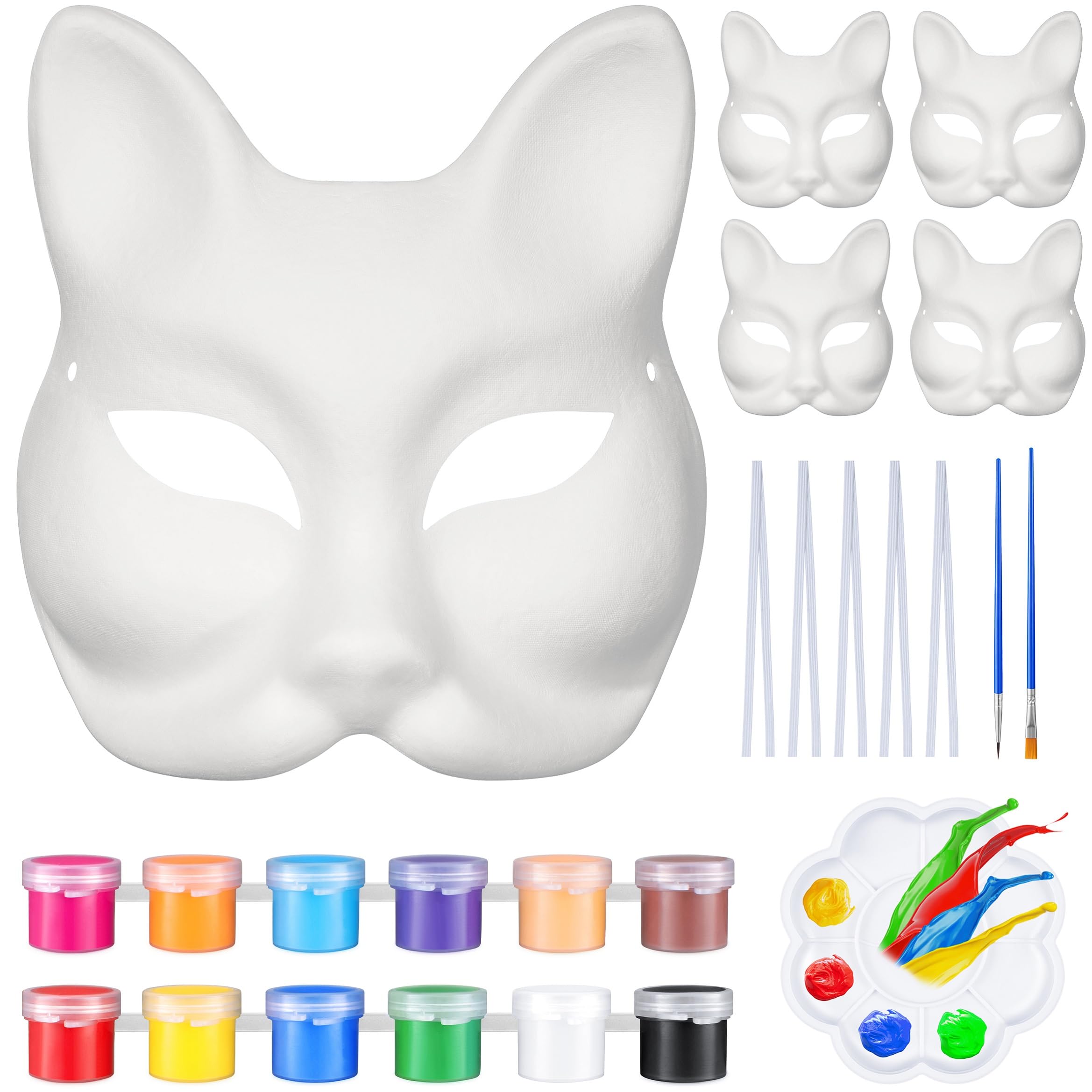 Photo 1 of *2 Pack* Yuriko DIY Hand Painted Paper Mache Masks With Acrylice Paints Brushes Paint Pallet Set For Halloween Cosplay Party(Style 2), Half Face Fox/Cat