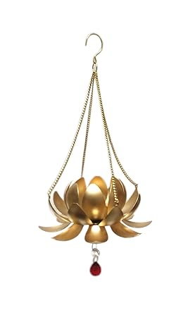 LOOPS N KNOTS Metal Lotus Hanging With Tea Light Holder (lotus: 6x6x4 hanging : 8 inch, Golden)