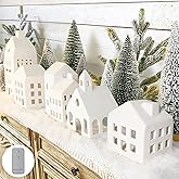 Christmas Decorations - Christmas Village Sets of 5 Lighted Ceramic Houses with Remote Control & 9 Trees - Indoor White Xmas 
