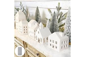 ORIENTAL CHERRY Christmas Decorations - Christmas Village Sets of 5 Lighted Ceramic Houses with Remote Control & 9 Trees - Indoor White Xmas Holiday Rustic Unique Decor for Home Table Room Farmhouse Decoration