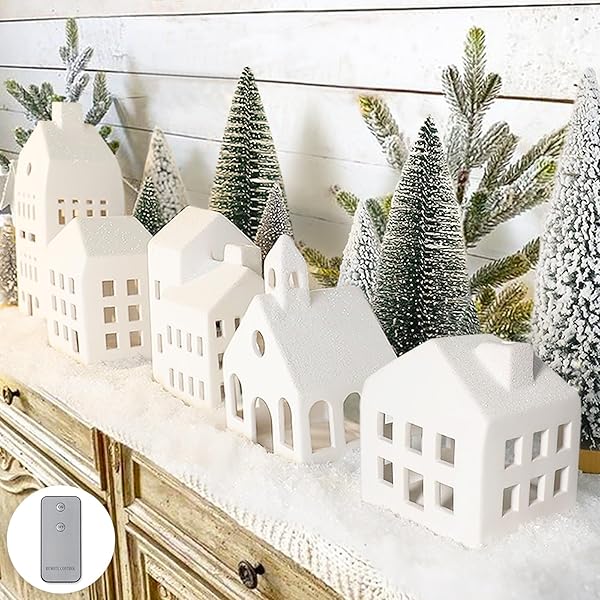 CHRISTMAS DECORATIONS – CHRISTMAS VILLAGE SETS OF 5 LIGHTED CERAMIC HOUSES WITH REMOTE CONTROL & 9 TREES – INDOOR WHITE XMAS HOLIDAY RUSTIC UNIQUE DECOR FOR HOME TABLE ROOM FARMHOUSE DECORATION
