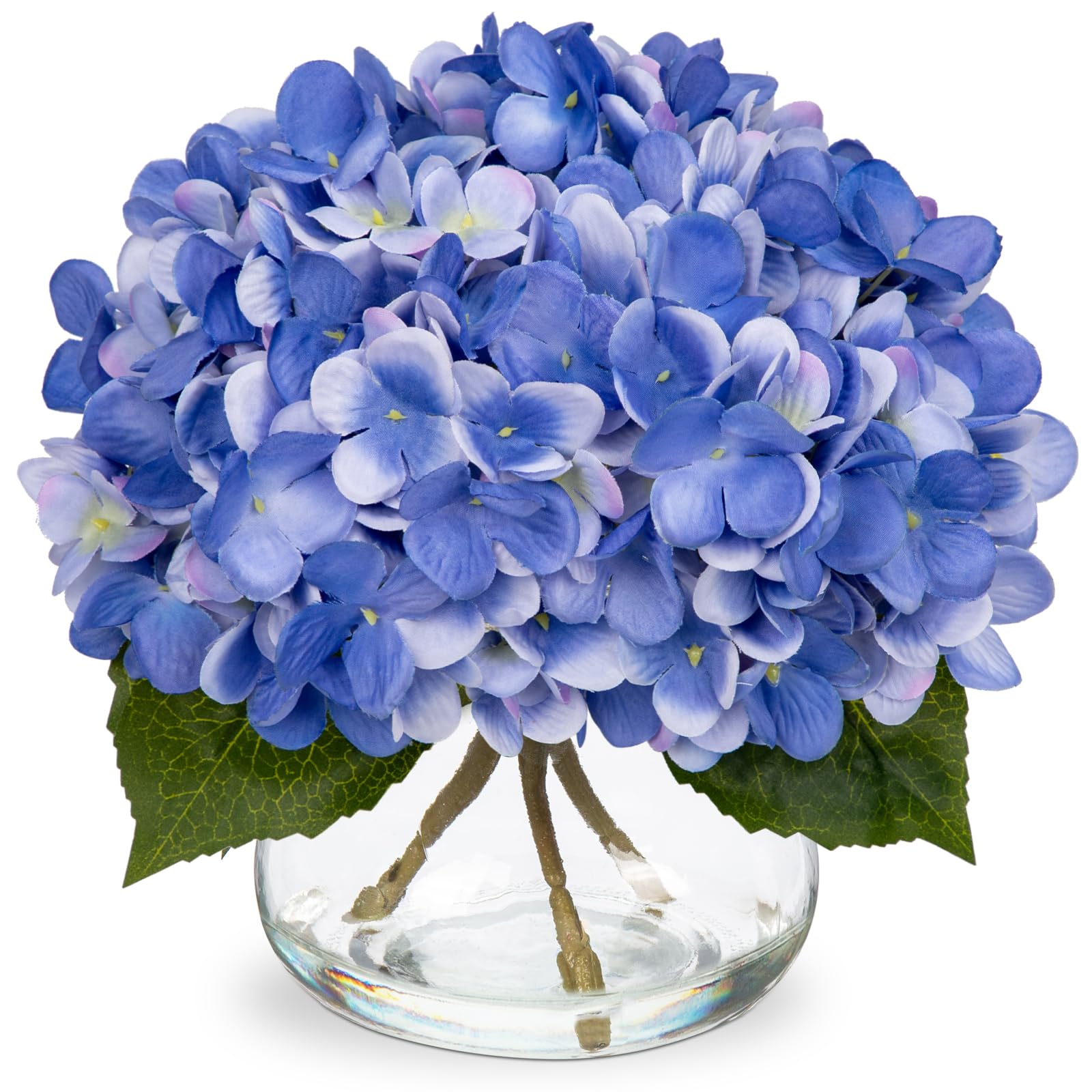 Oairse Hydrangea Artificial Flowers with Vase Silk Faux Hydrangea Flower in Glass Vase with Faux Water Blue Fall Flora Arrangement for Home Office Living Room Wedding Table Centerpiece Autumn Decor