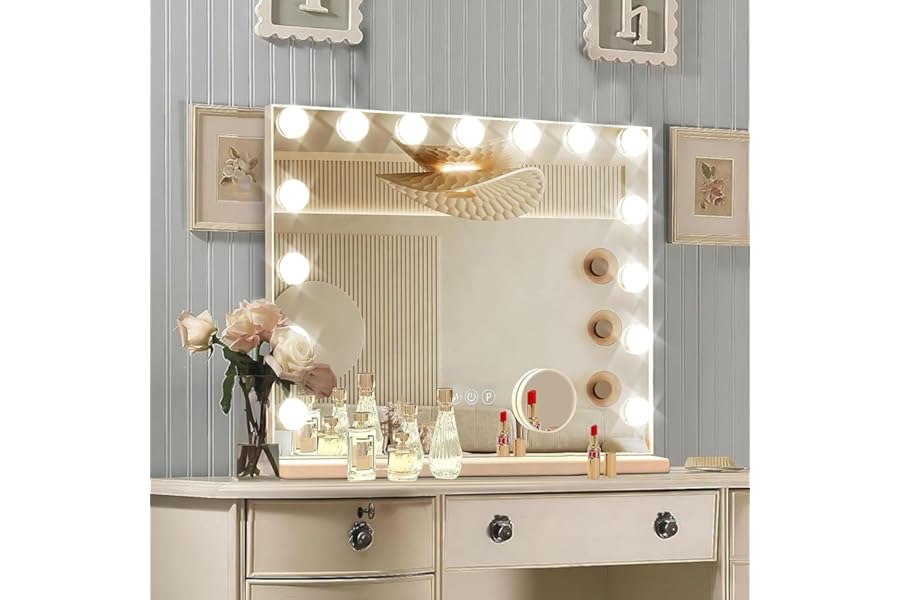 Ratsamee Hollywood Vanity Mirror with Lights, 15 Dimmable Bulbs, 3 Color Lights,Make Up Lighted Mirror, Aluminum Metal Frame, USB Charging Port（23″ x 18″）