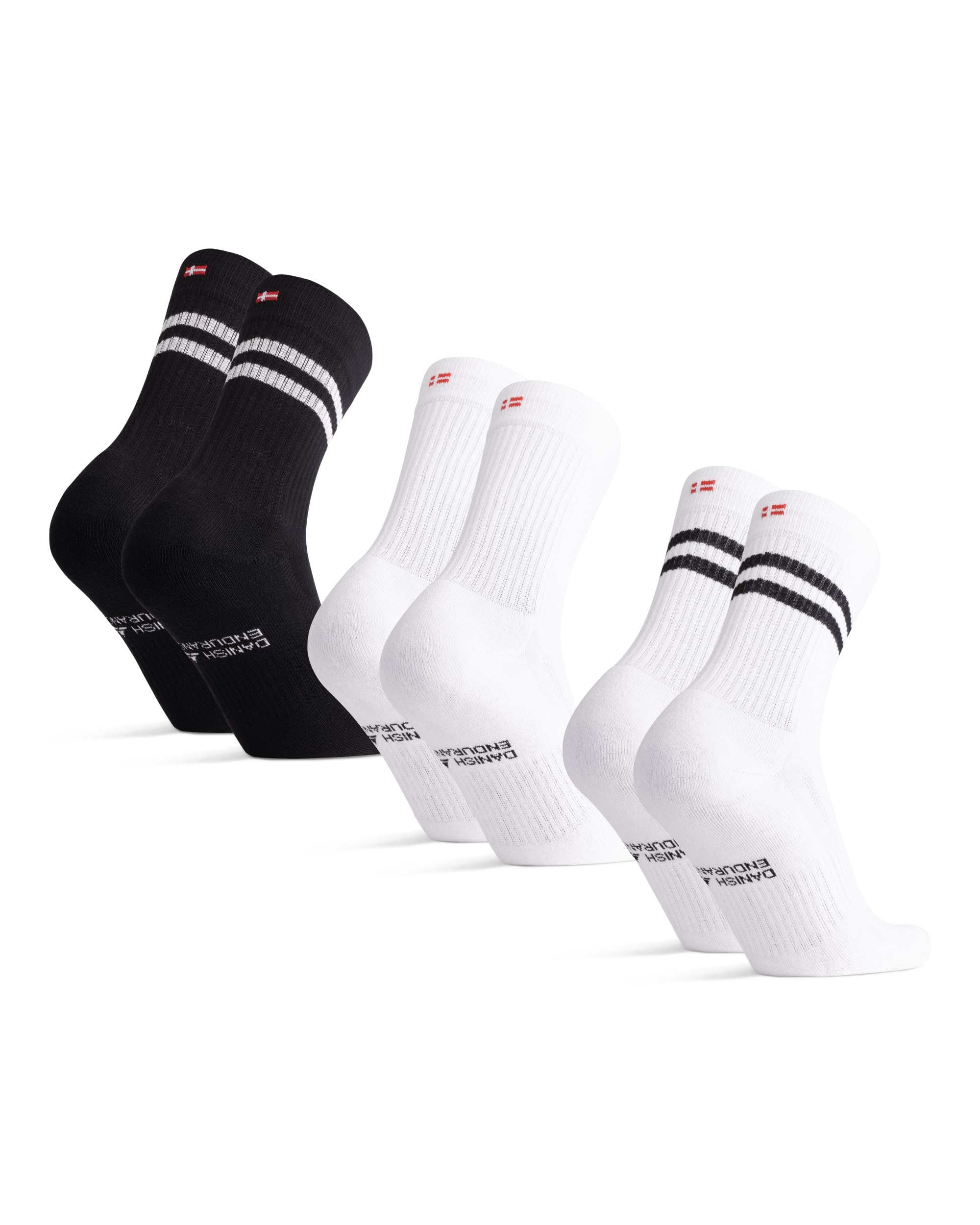 DANISH ENDURANCE Tennis Crew Socks, Cotton Sports Socks, Cushioned for the Gym, for Men & Women, 3 or 6 Pack, Multicolour (1x Black/White, 1x White, 1x White/Black), 6-8